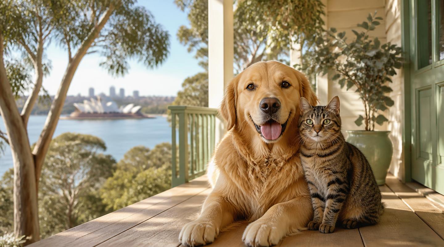 A happy golden retriever and tabby cat together on a sunny Sydney porch